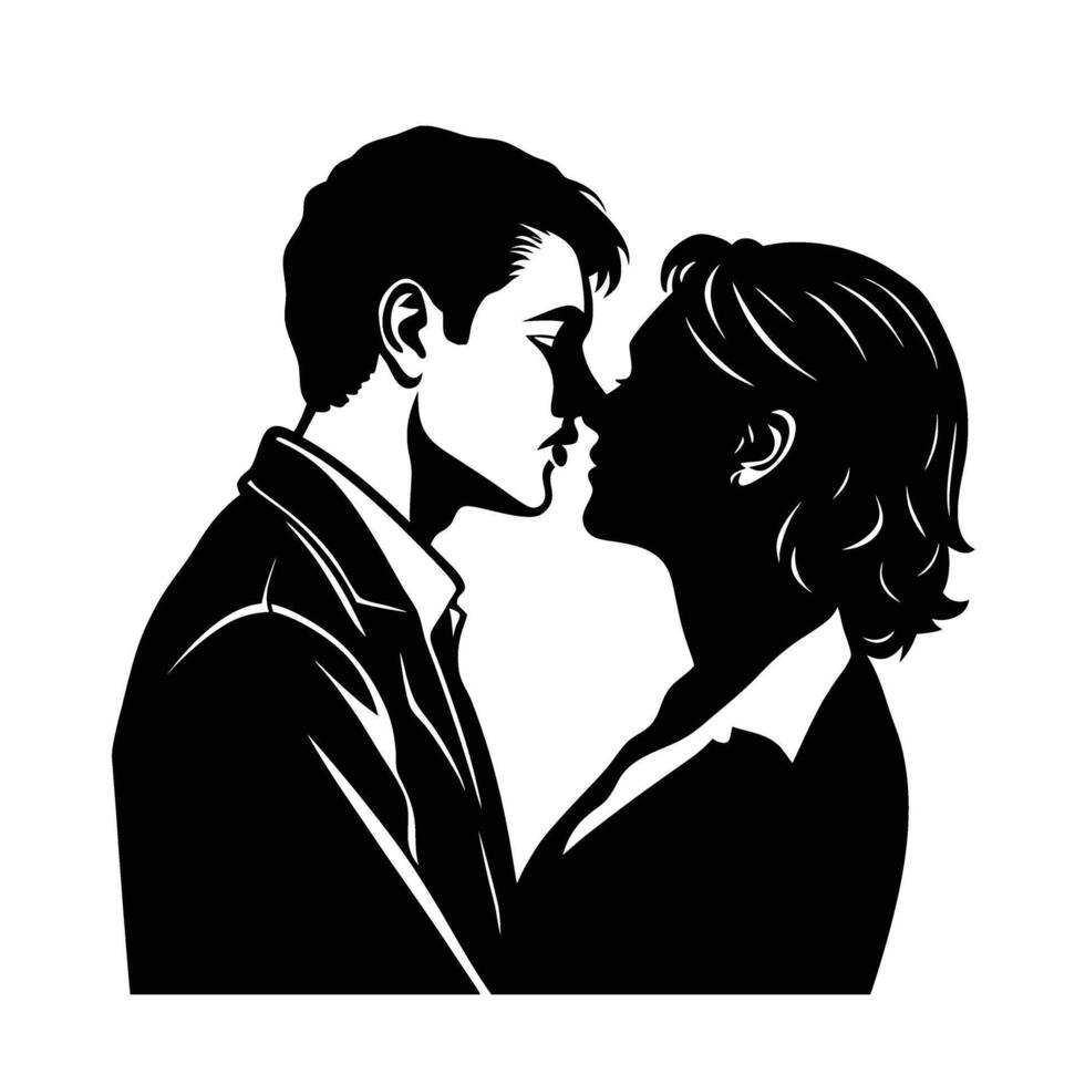 Romantic couple gently leaning in for a soft kiss design vector