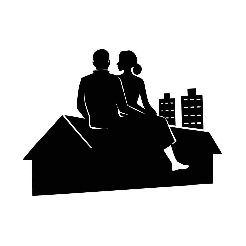 Romantic couple sitting on a rooftop enjoying city view design vector