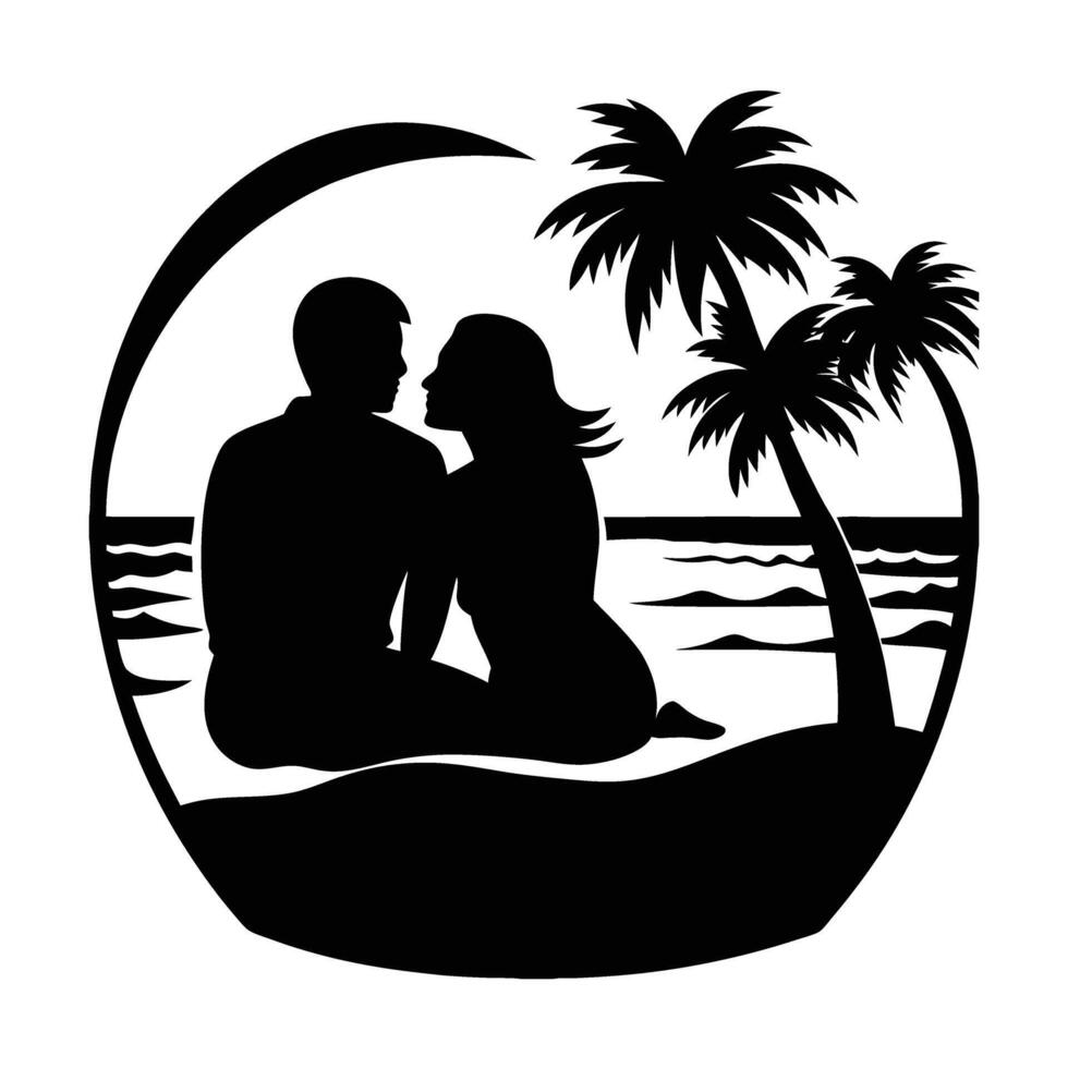 Romantic couple gently sitting closely on a sunny beach design vector