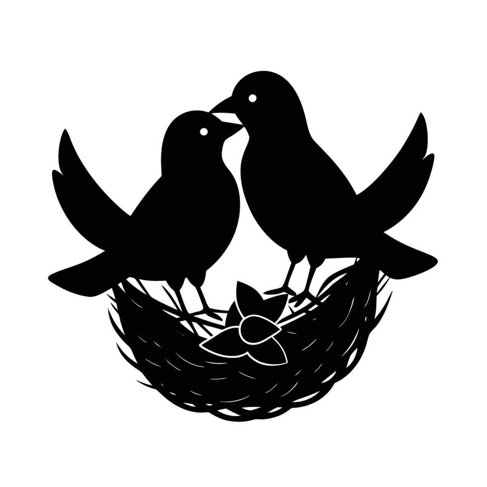 Adorable lovebirds gently building a nest together with care design vector