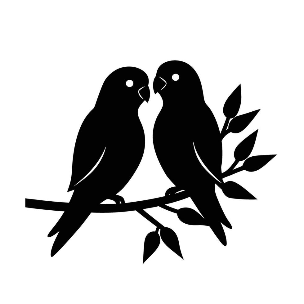 Adorable lovebirds quietly sitting together on a slender branch design vector