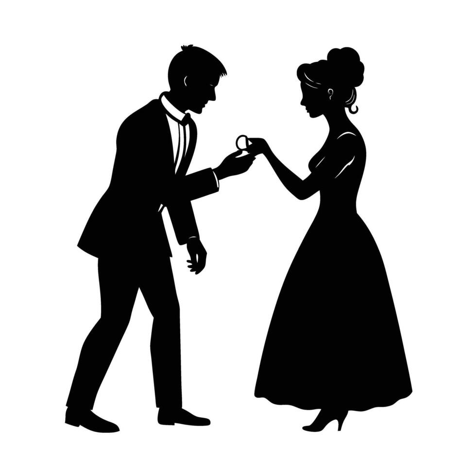 Romantic man tenderly placing a ring on womans finger silhouette vector