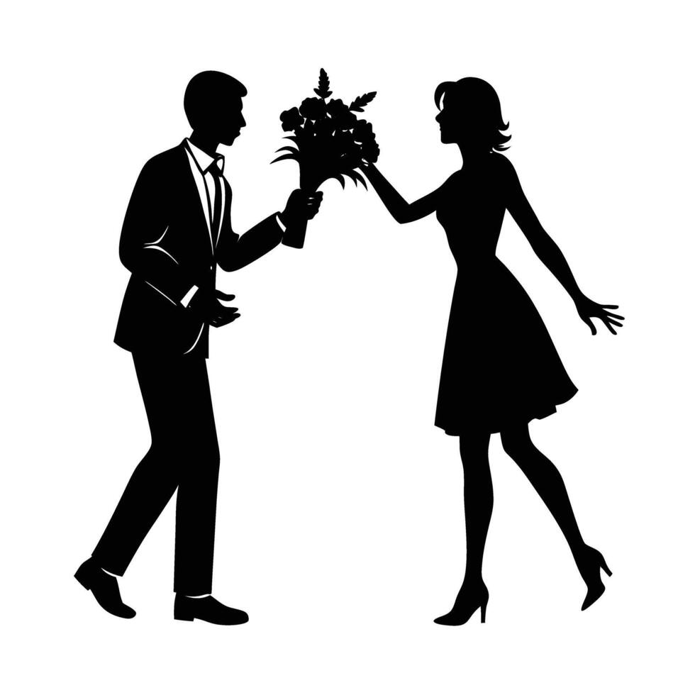 Romantic man delightfully surprising woman with a flower bouquet design vector