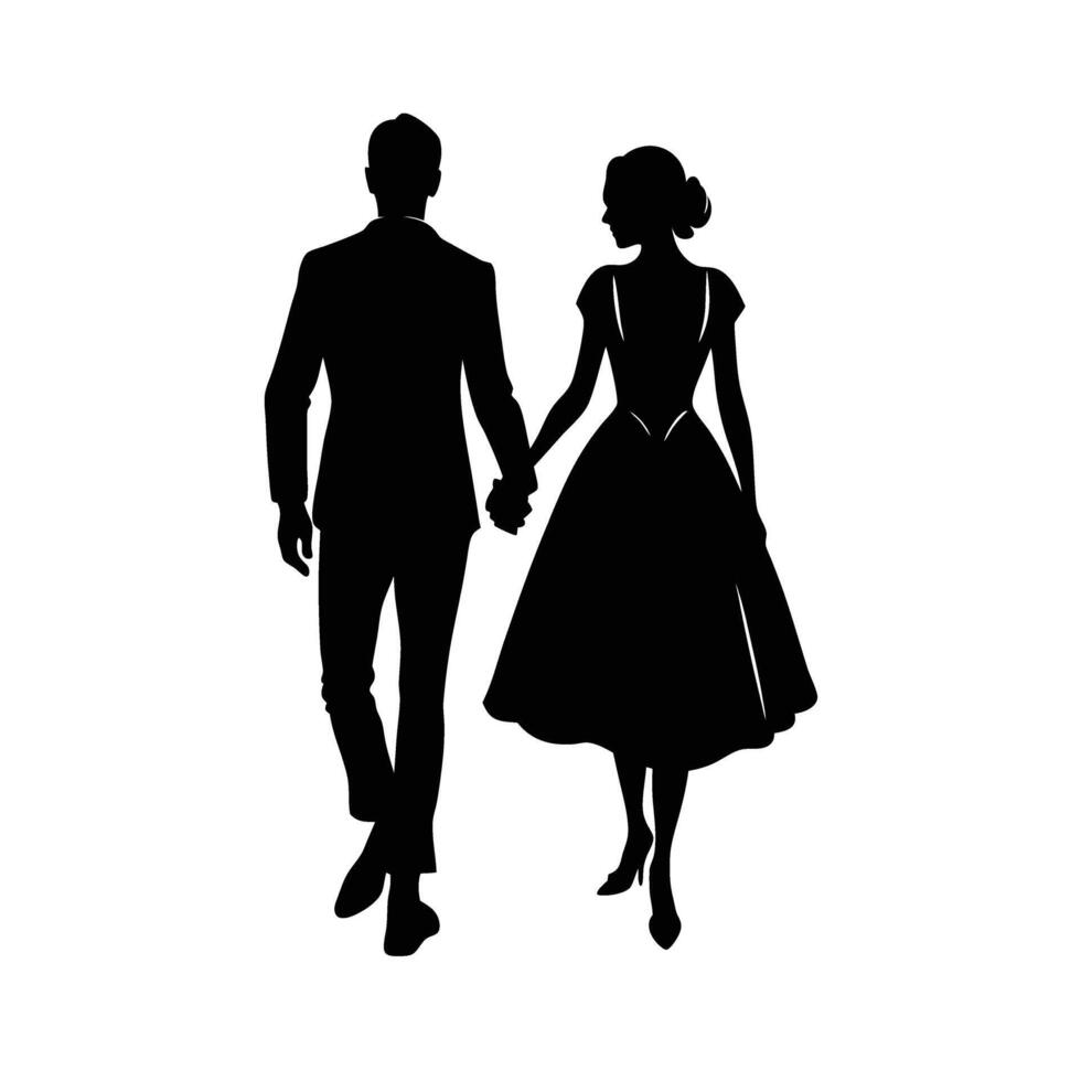 Romantic couple slowly walking hand in hand through park design vector