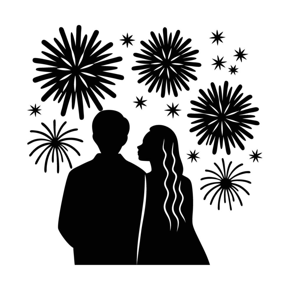 Romantic partners watching dazzling fireworks light up the sky design vector