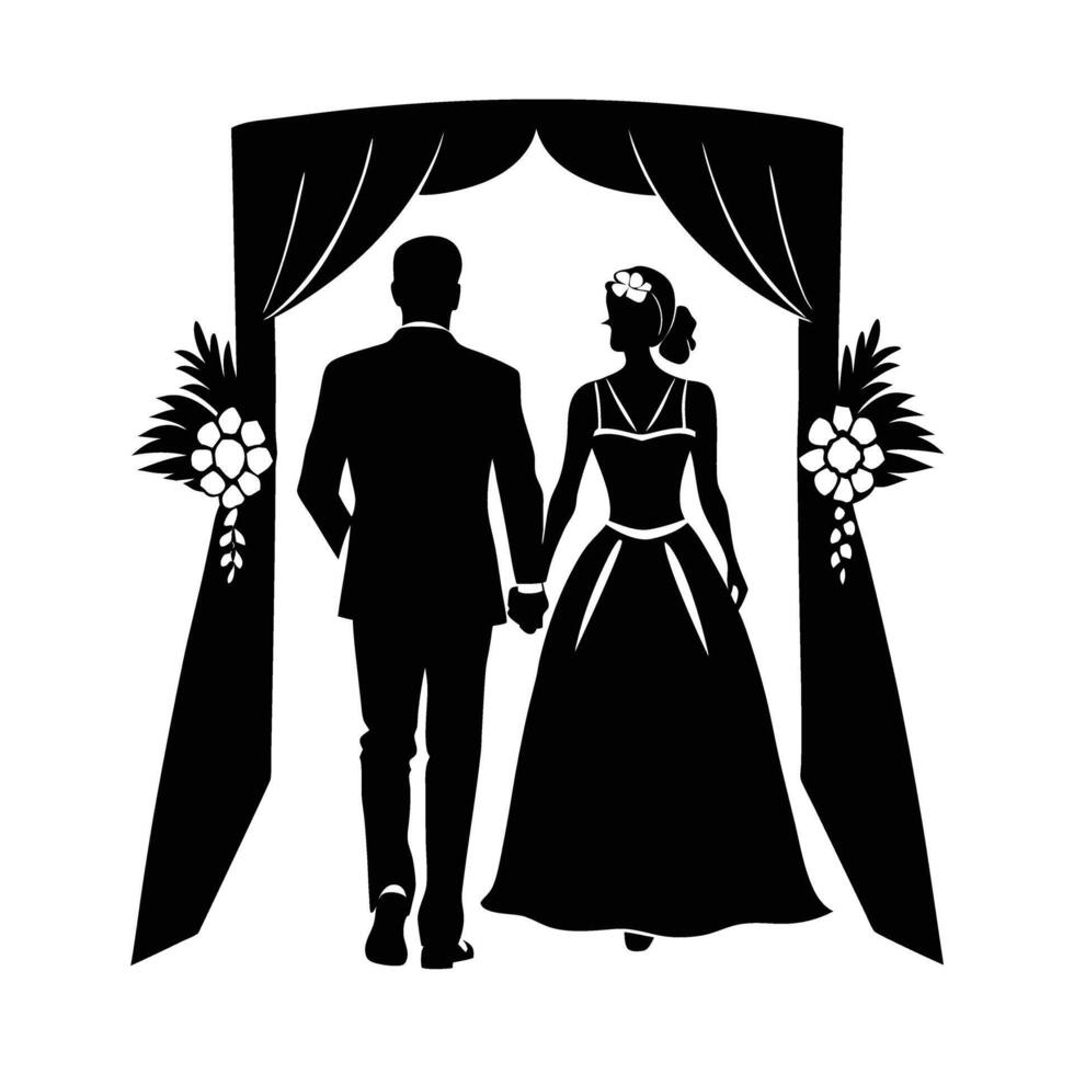 Romantic newlyweds tenderly walking down the aisle with love design vector