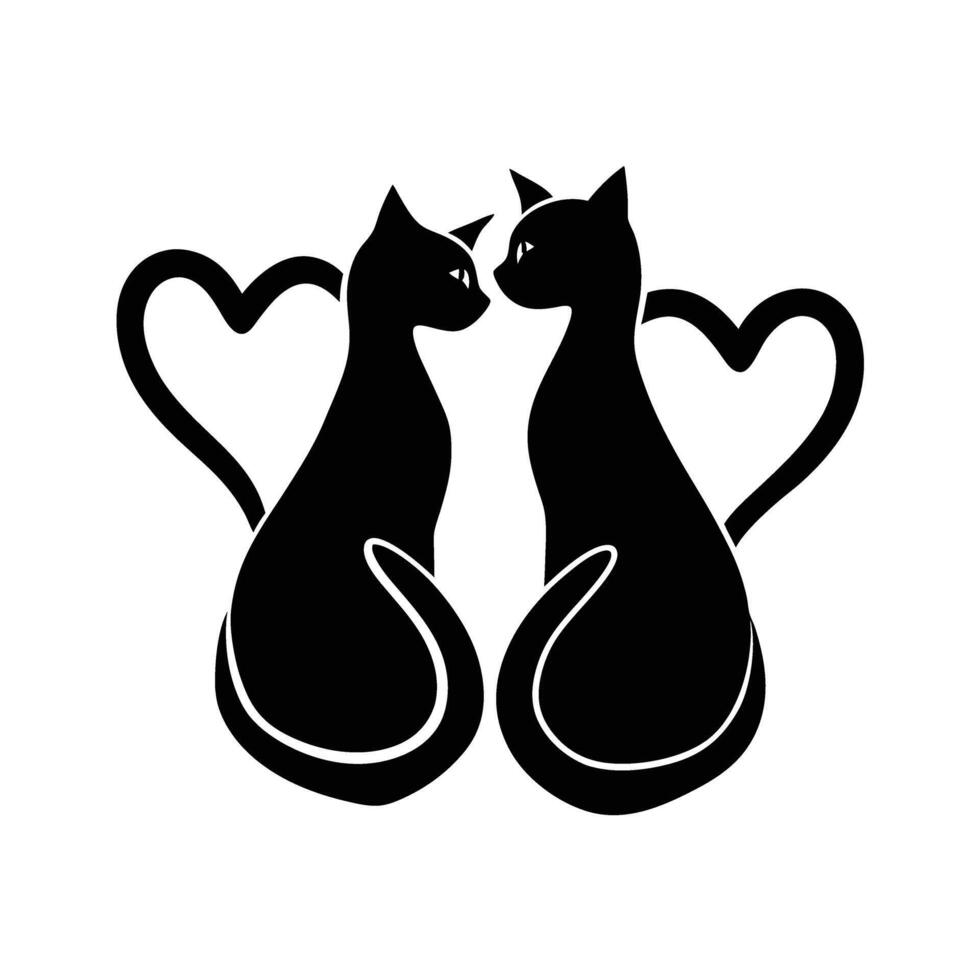 Romantic silhouette of two cats peacefully sitting together art design vector