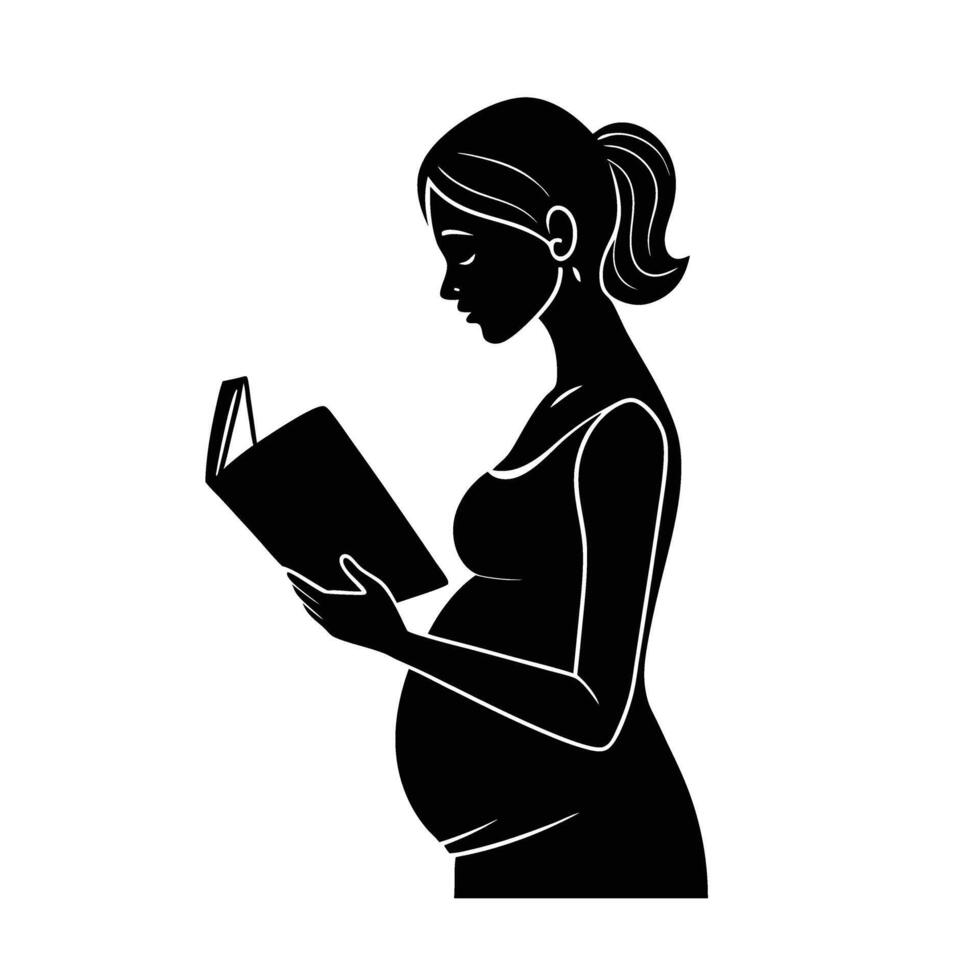Mother to be reading book while tenderly touching her belly vector