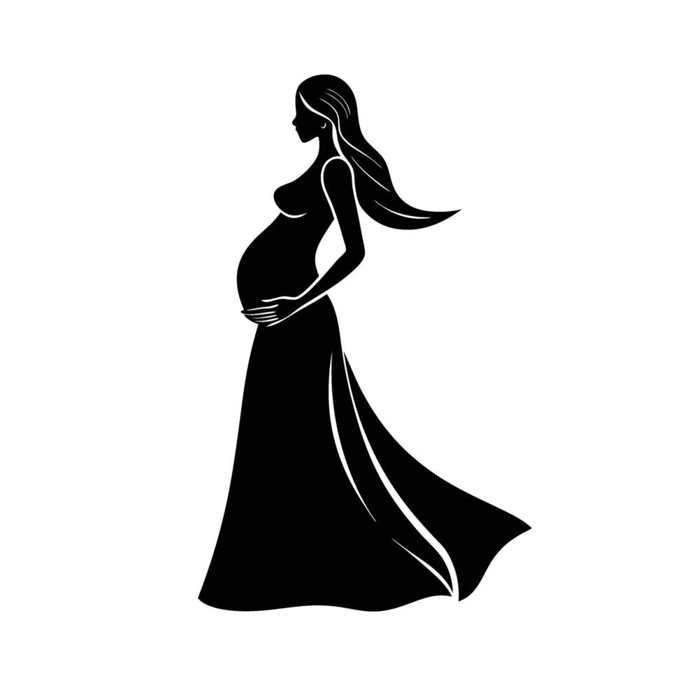 Pregnant woman elegantly dressed in gown holding belly softly today vector