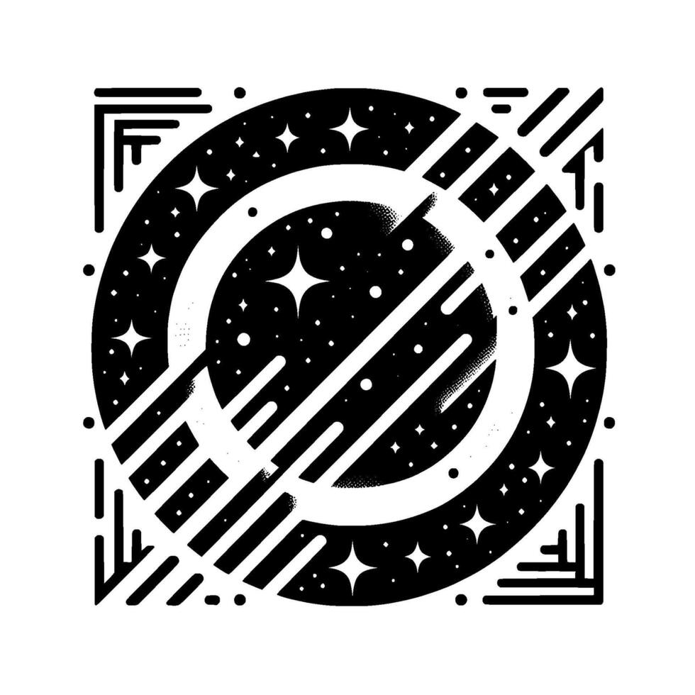 Geometric Cosmos A symmetrical black and white illustration featuring a starry circular galaxy intersected by striped lines, and corner . vector
