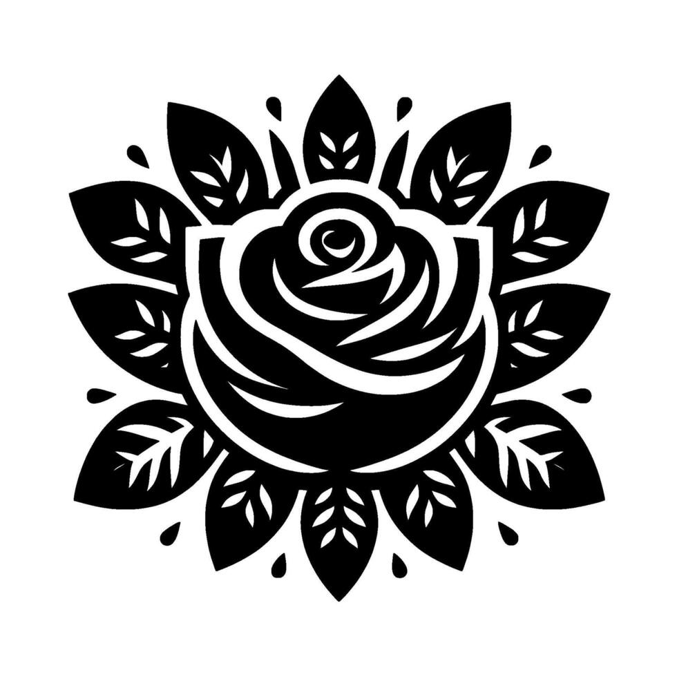 A symmetrical black and white floral featuring a stylized rose at the center surrounded by leaves and teardrop accents. vector
