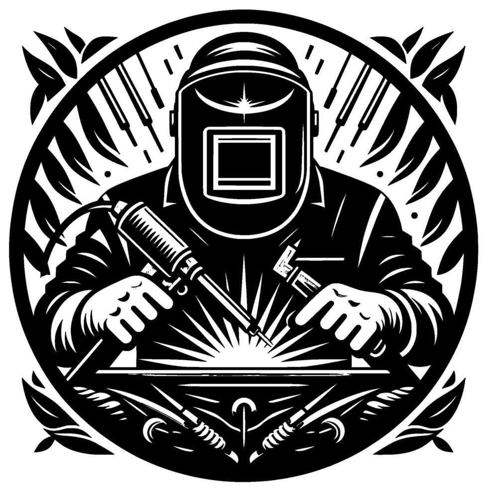 Black and white emblem of a welder at work, encircled by decorative leaves and tools. vector