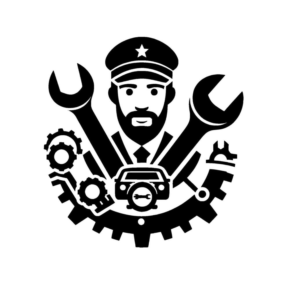 Black and White Automotive Mechanic A Portrait Surrounded by Wrenches, Gears, and Car Emblem, Representing Expertise and Service. vector