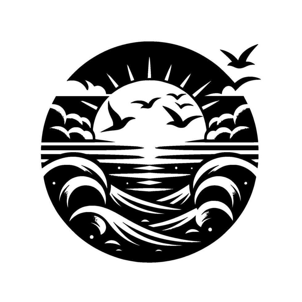 Stylized Black and White Sunset on the Ocean with Birds Flying in a Circle Composition. vector