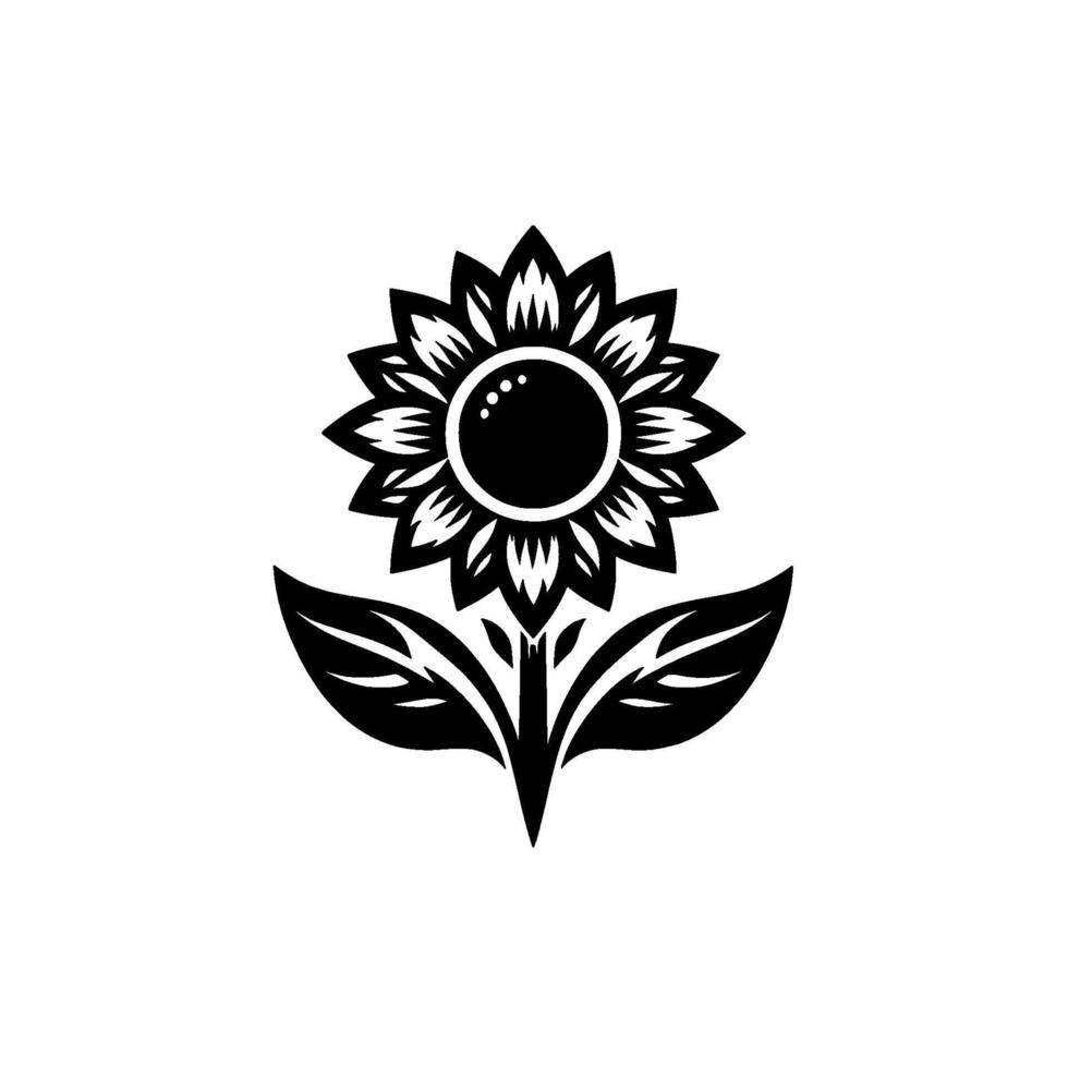 Elegant Monochrome Sunflower with Detailed Petals, Leaves, and Stem Isolated on White Background. vector