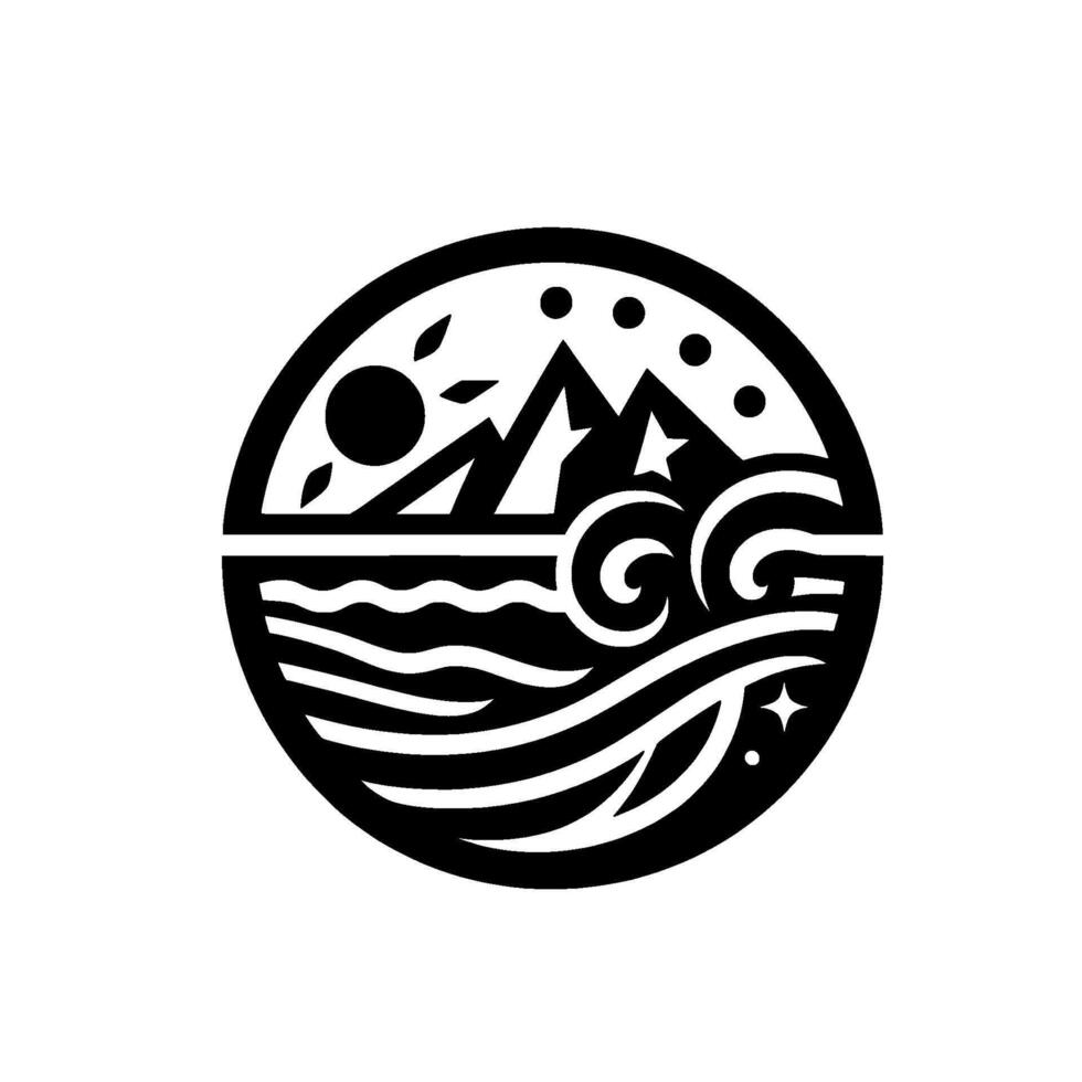 Circular Black White Emblem Depicting Mountains, Ocean Waves, Sun, Stars, and Nature Elements, Decorative . vector