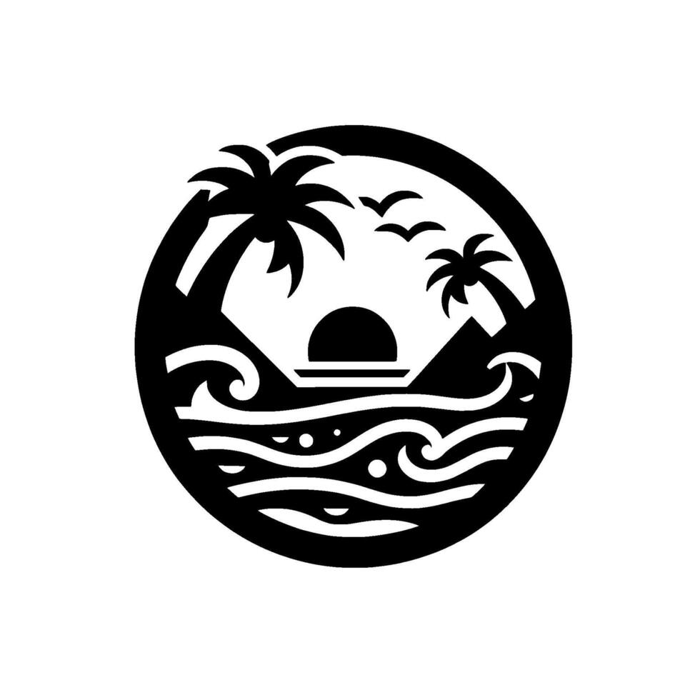 Circular Black Silhouette Palm Trees, Sunset, Ocean Waves, and Birds within a White Background vector