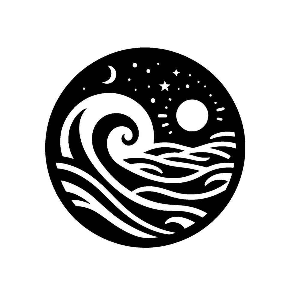 A circular, black and white stylized illustration depicting a swirling ocean wave under a night sky with a crescent moon, stars, and a sun. vector