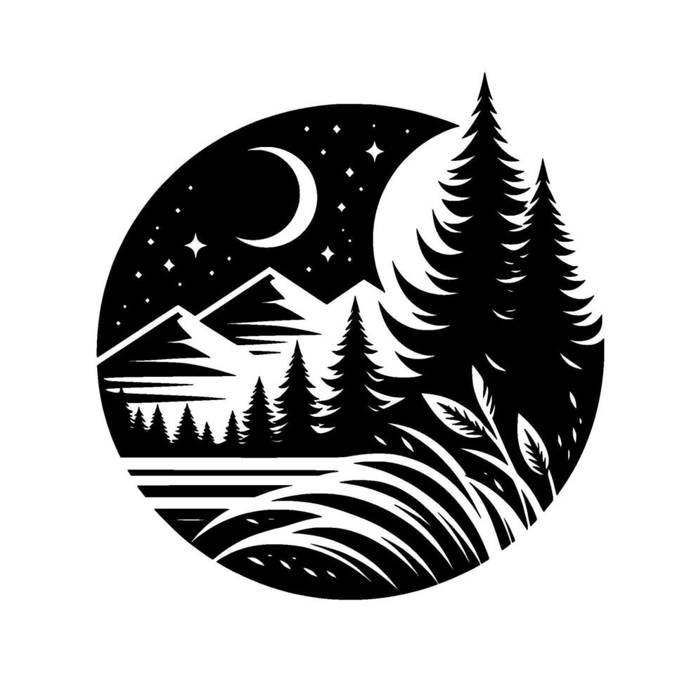 Silhouetted Circle Illustration of Mountain, Forest, Lake, and Night Sky with Stars and Crescent Moon, Black and White . vector