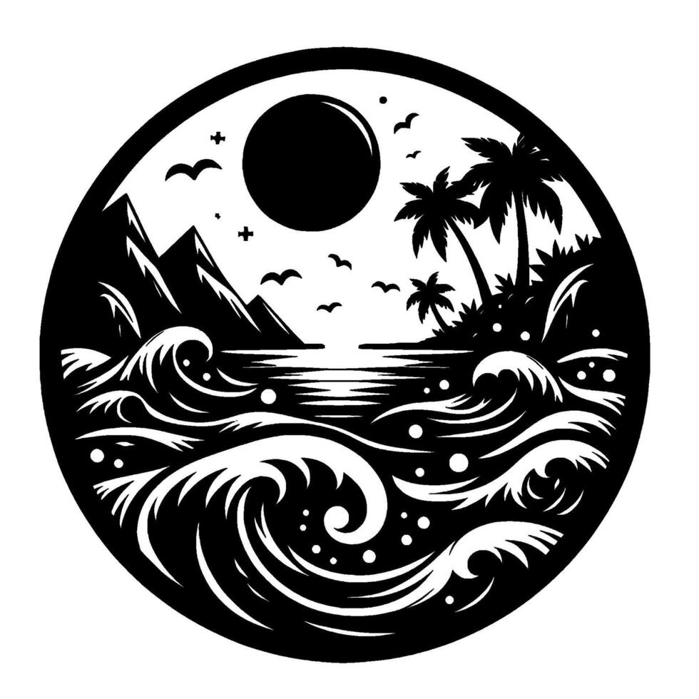 Stylized Black and White Circular Illustration of a Tropical Island Scene Mountains, Palm Trees, Ocean Waves, Sun, Birds. vector