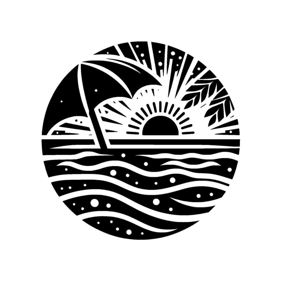 Circular, Black and White Illustration of a Beach Scene Featuring a Parasol, Sunset, and Waves. vector