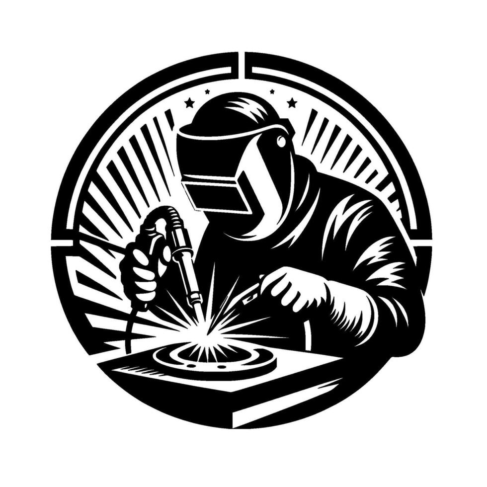 Black and white illustration of a welder in action, protected by a mask, within a circular emblem, sparking during welding. vector