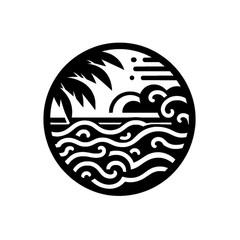 Stylized Black and White Circular Illustration of a Tropical Landscape Featuring Palm Trees, Ocean Waves, Clouds, and Dots, Evoking a Peaceful Coastal Scene. vector