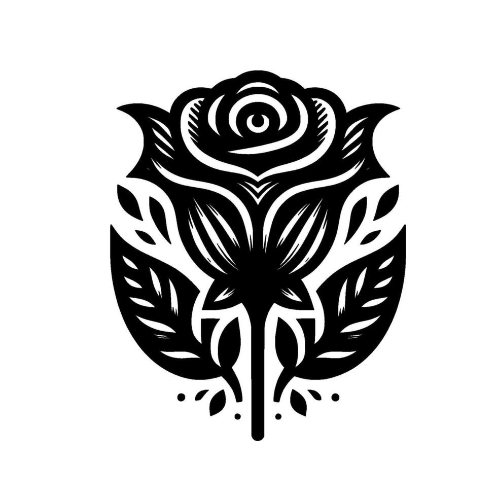 Bold Black and White Rose Illustration with Intricate Detail and Leafy Surround, on a Clean White Background. vector