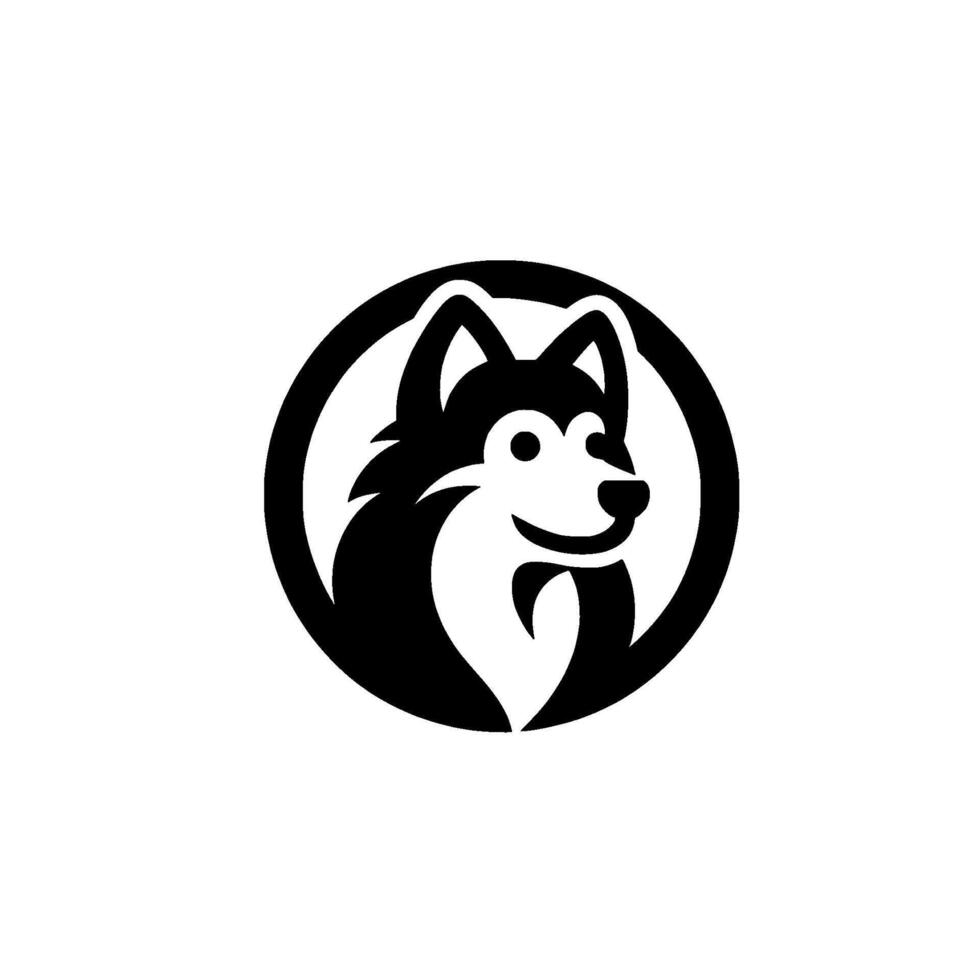 Black and white illustration of a smiling Husky dog head within a black circle, minimalistic on white background. vector