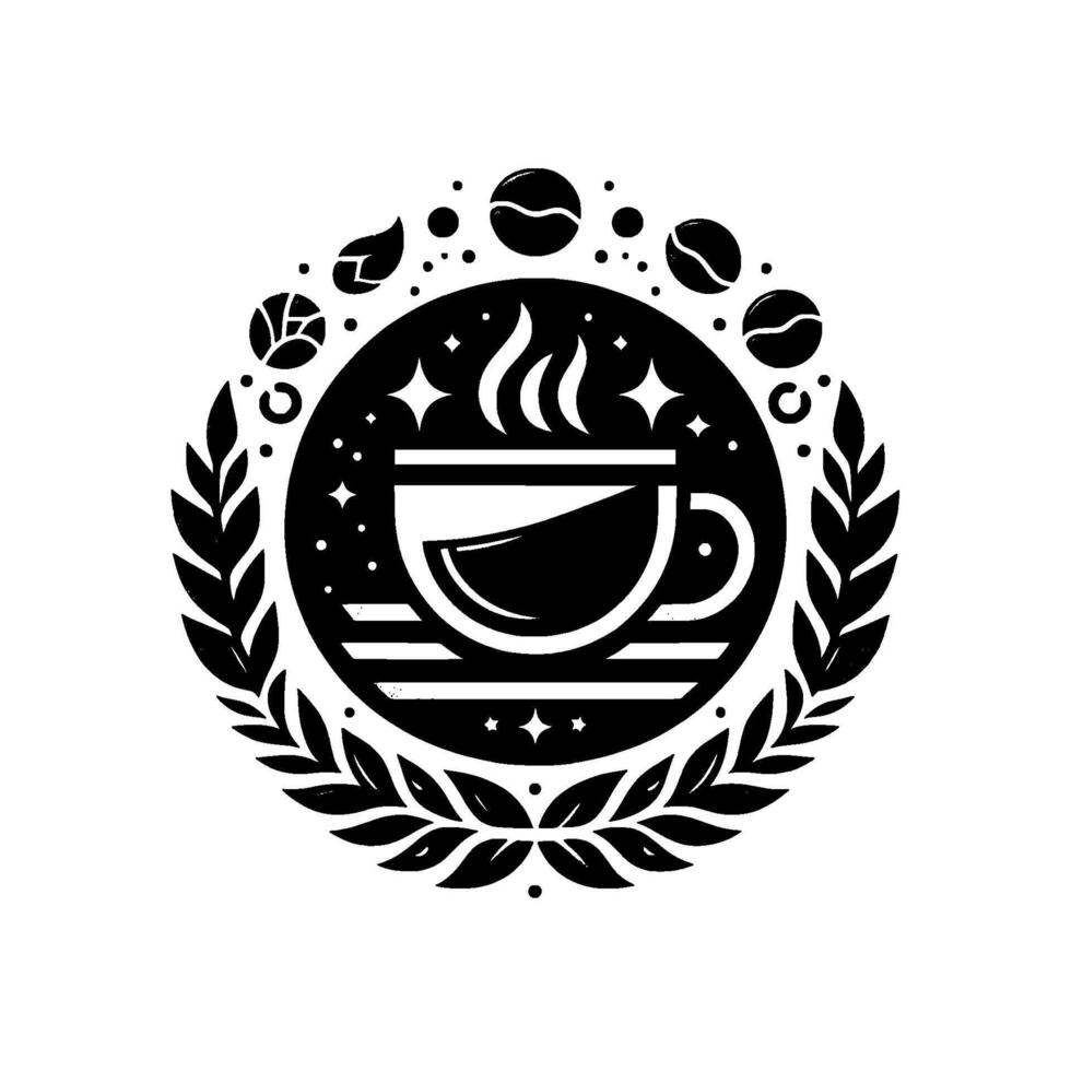 Black white coffee featuring a steaming mug within a circle adorned by a leaf wreath, coffee beans, and stars, representing freshness and quality. vector