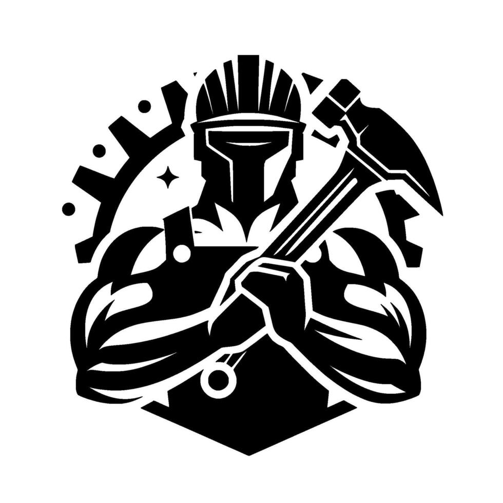 Black and white illustration of a muscular construction worker in a helmet holding a hammer, set against a gear and star. vector