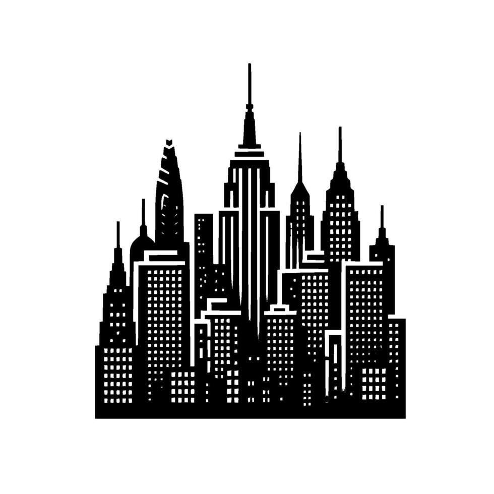A illustration of the iconic New York City skyline, featuring prominent skyscrapers rendered in a bold, black and white geometric style. vector