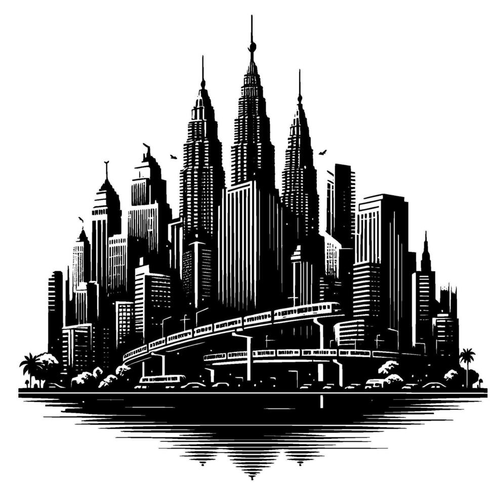 Black and white illustration of a modern metropolis skyline with iconic twin towers, elevated train, and a reflective waterfront. vector