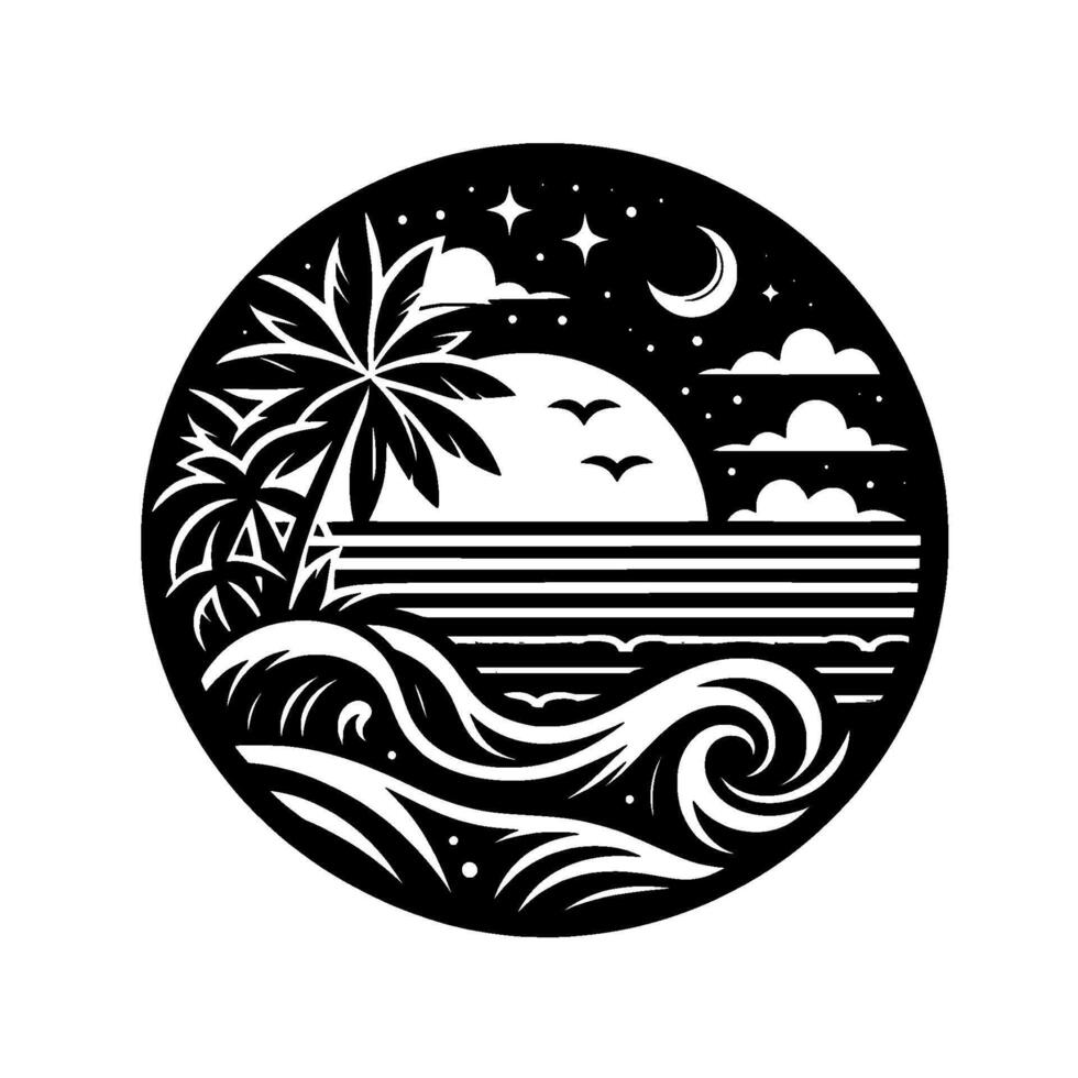 Black White Circular Coastal Silhouette Depicting Palm Trees, Ocean, Sunset, Moon, Stars, and Birds. vector