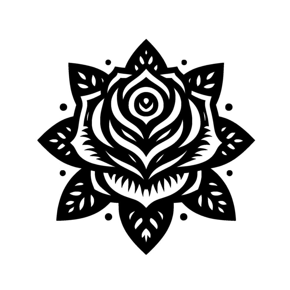Intricate symmetrical black and white illustration of a floral , reminiscent of a mandala or a stylized rose with complex layered petals and dot accents, set against a white backdrop. vector