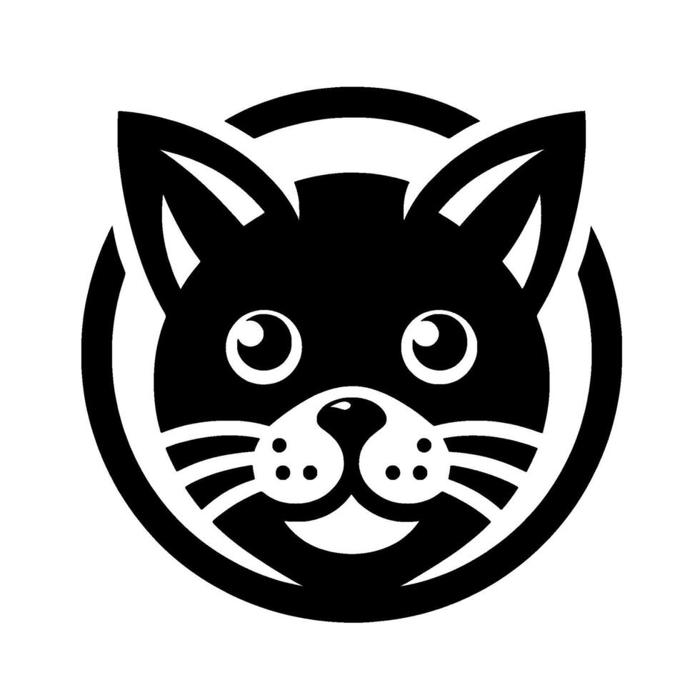 Black and White Cat Face with Rounded Ears, Whiskers, Eyes and Nose. vector