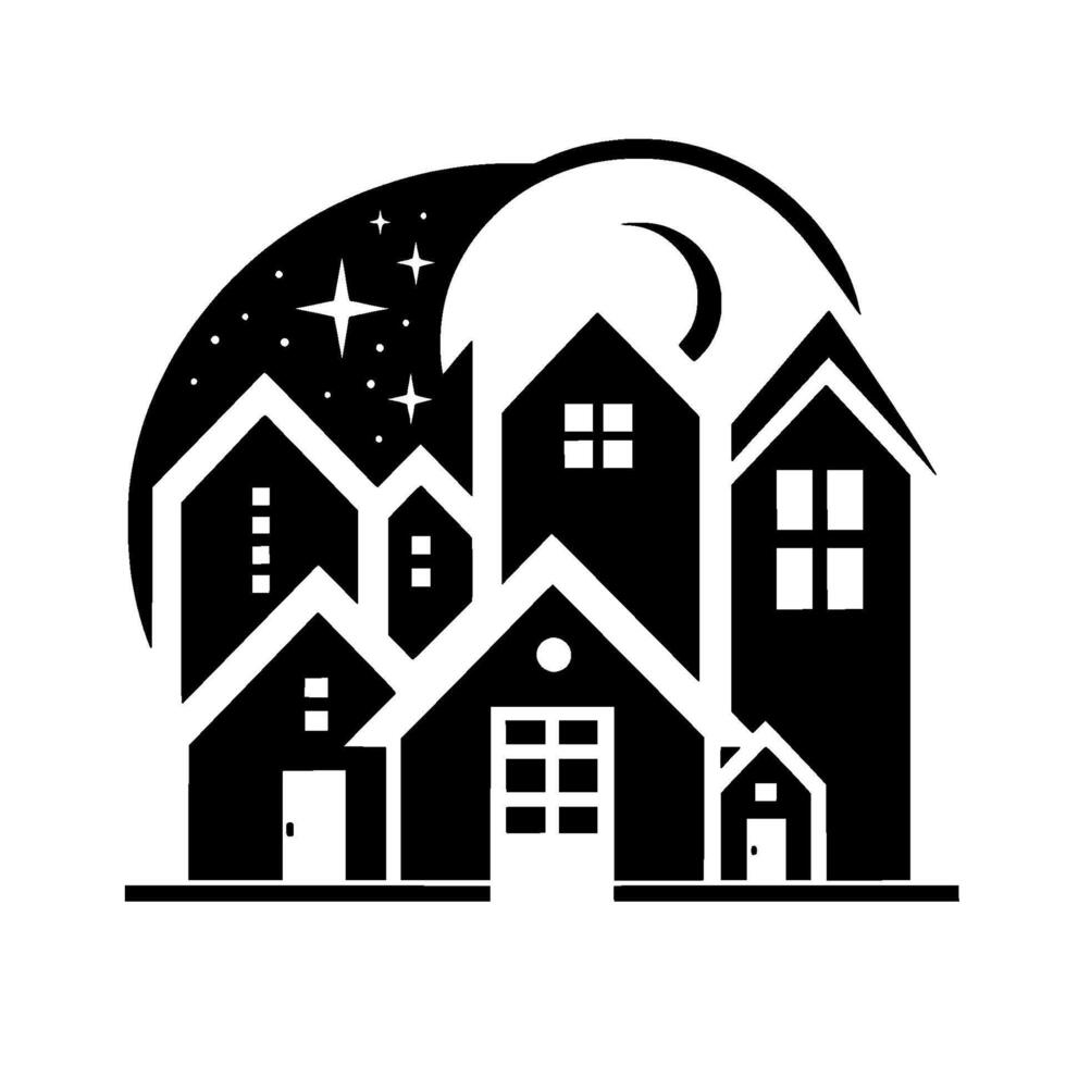 A stylized monochrome illustration of a town skyline silhouetted against a night sky with stars and crescent moon. vector