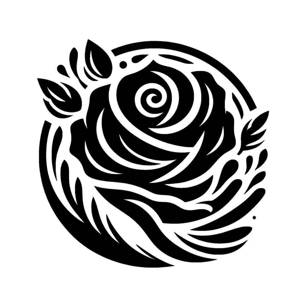 Elegant Black White Rose Mandala A Floral Featuring Petals, Leaves, and a Swirling Center Within a Circular Frame. vector