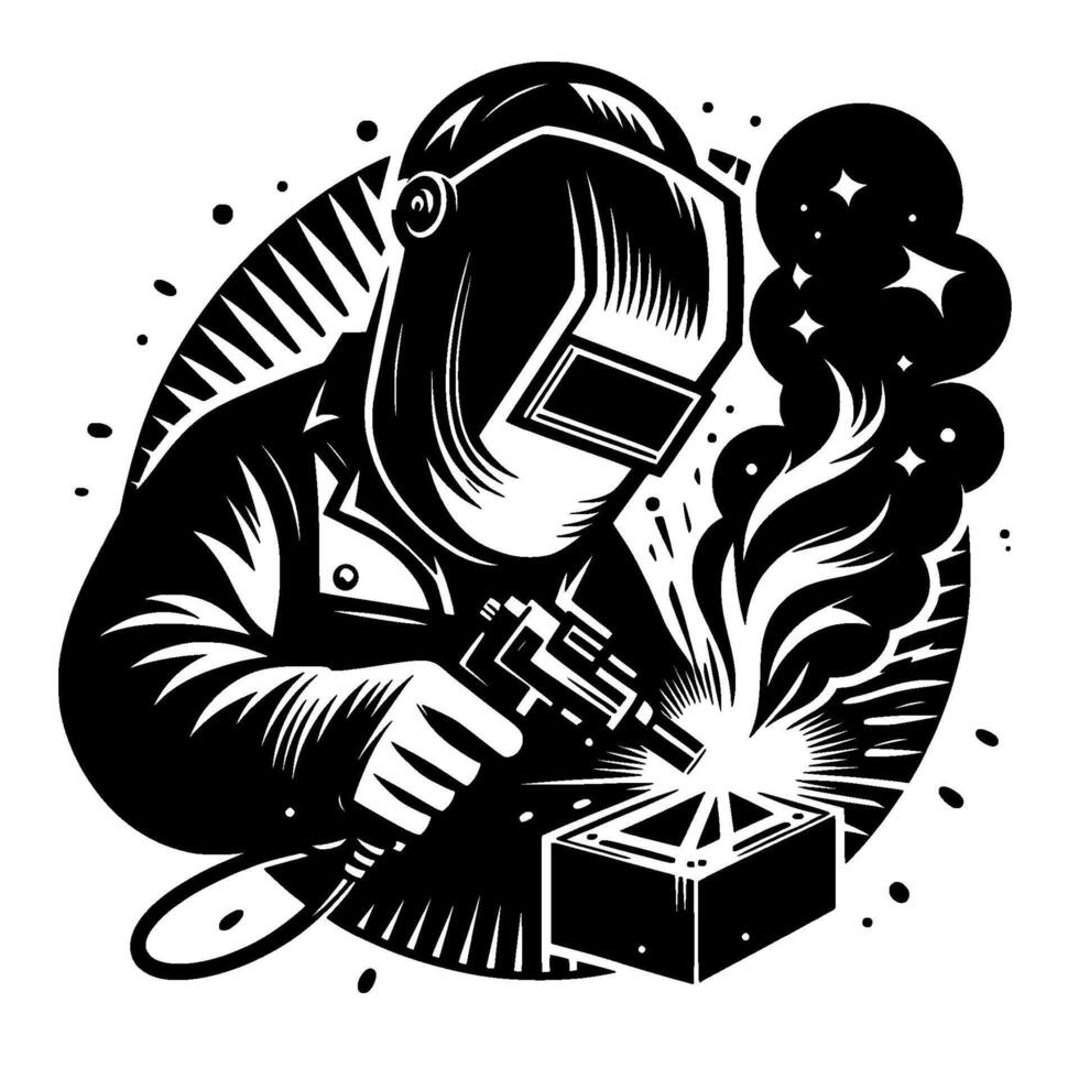 Black and white illustration of a welder in protective gear, arc welding a metal box, with smoke and sparks, in an oval frame. vector