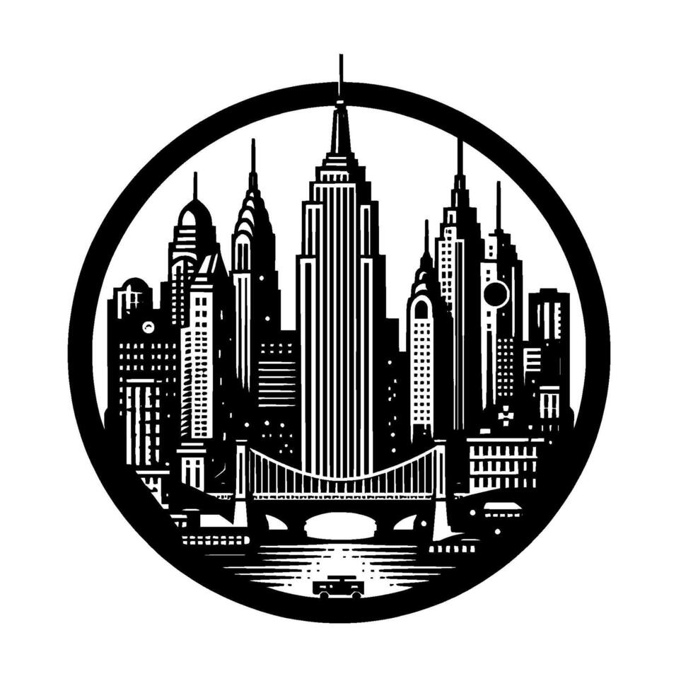Black White Art Deco NYC Skyline with Bridge, Framed in a Circle. vector