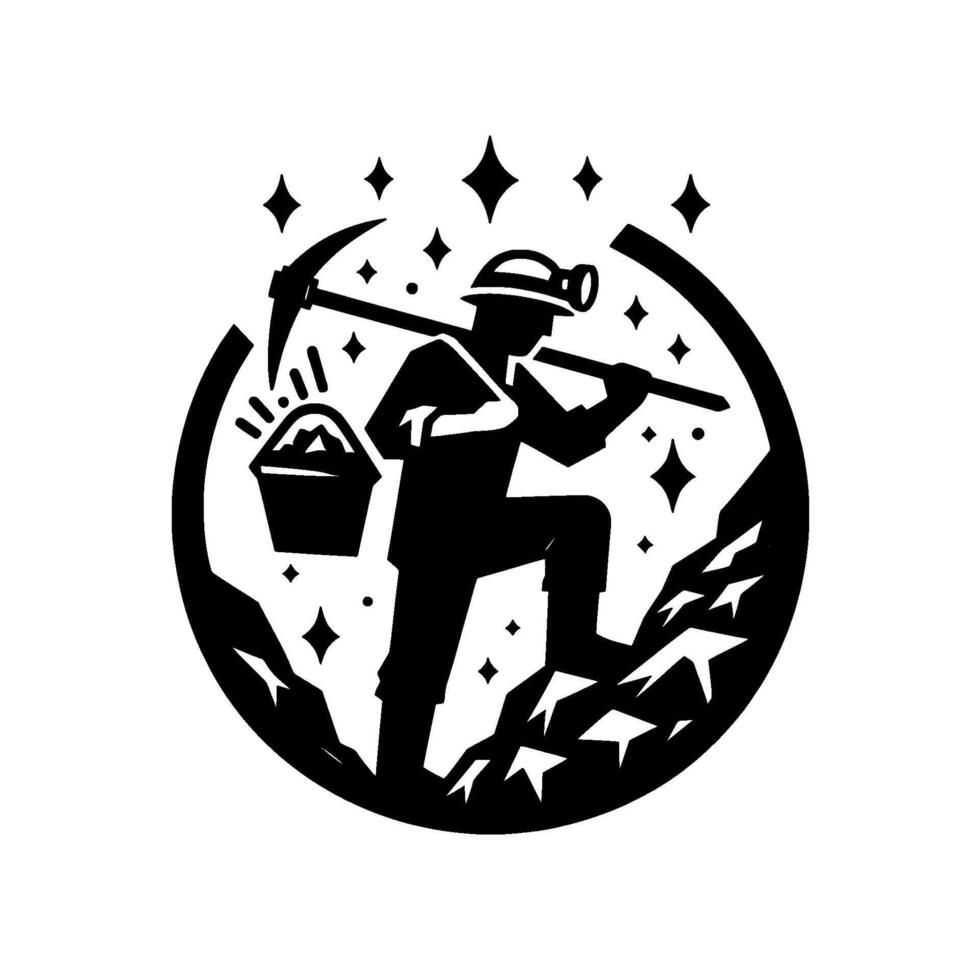 Black and white illustration of a miner with pickaxe and bucket of ore, walking up a rocky incline within a circular frame. vector