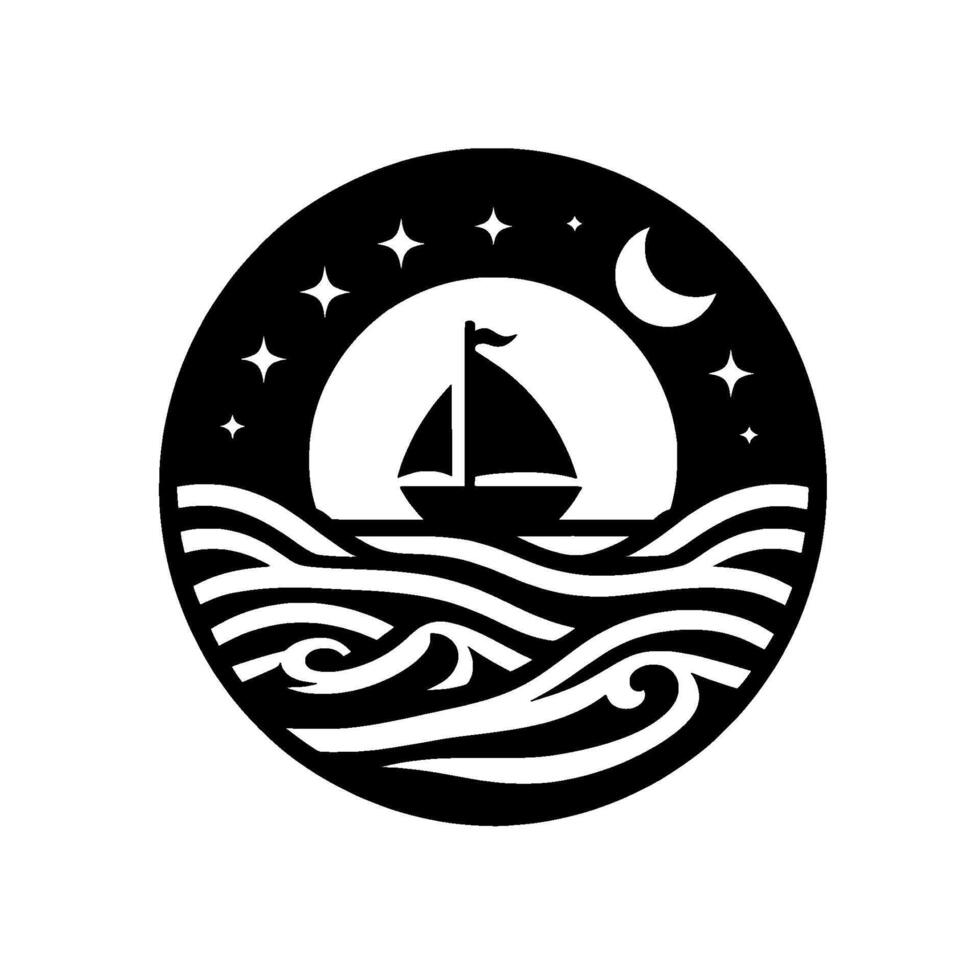 Minimalist Round Illustration of a Sailboat Navigating Serene Waves Under a Starry Night and Crescent Moon, Black and White. vector