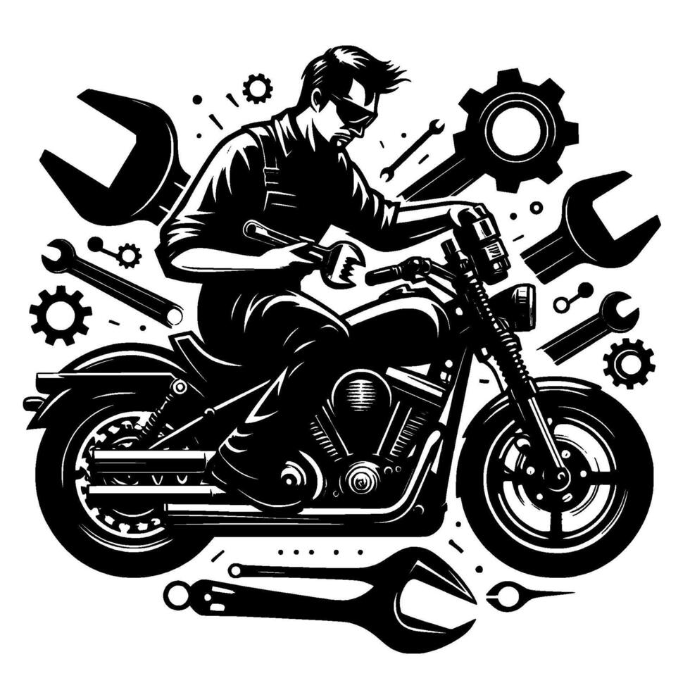 Monochrome motorcycle mechanic surrounded by tools, holding a wrench, stylized illustration. vector