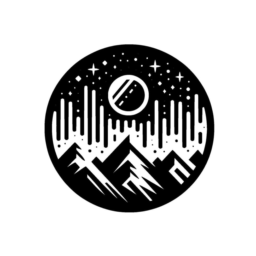Circular Black and White depicting mountains, a moon, stars, and minimalist abstract elements, evoking nature and celestial themes. vector