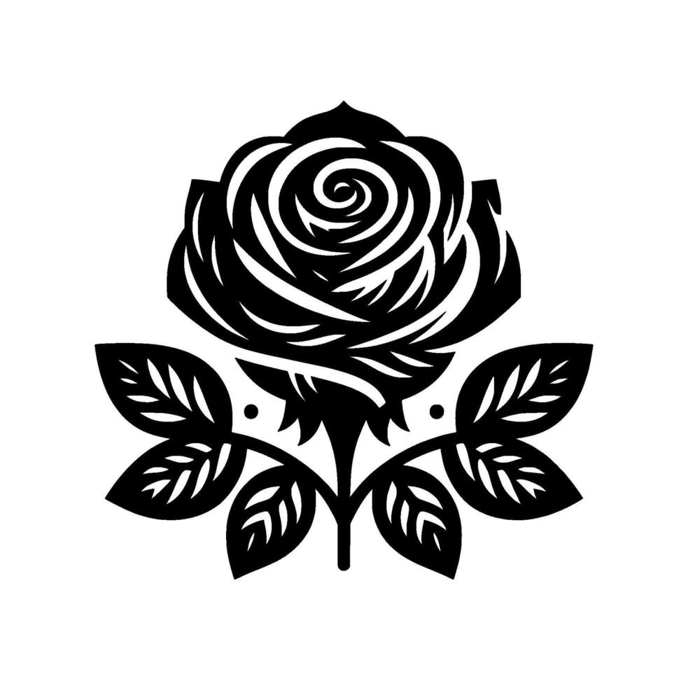 A stylized black and white rose illustration with intricate petal and leaf details, set against a clean white background. vector