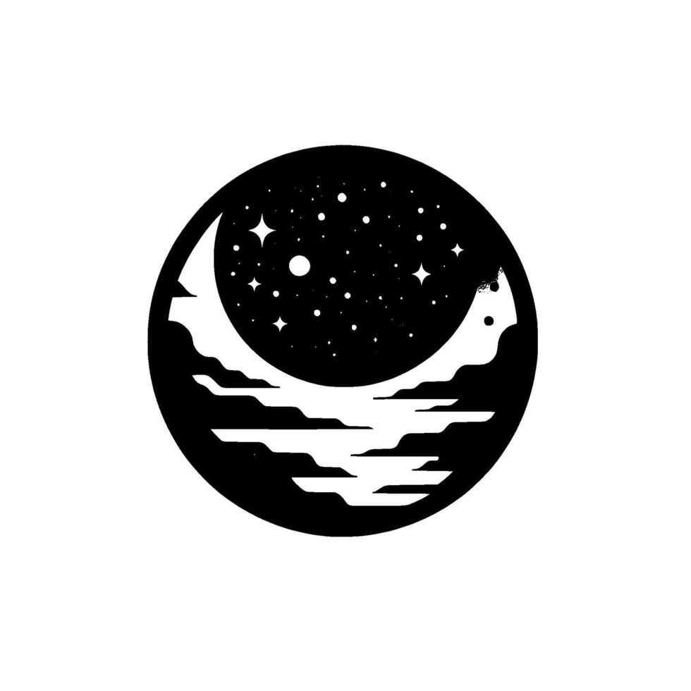 Black and White Circular Illustration Crescent Moon and Starry Night Above Abstract Cloudscape vector