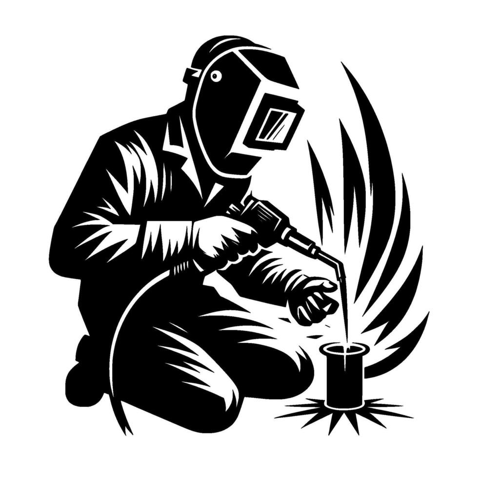 Black and White Illustration of a Kneeling Welder Using a Torch to Weld Metal with Sparks Emanating. vector