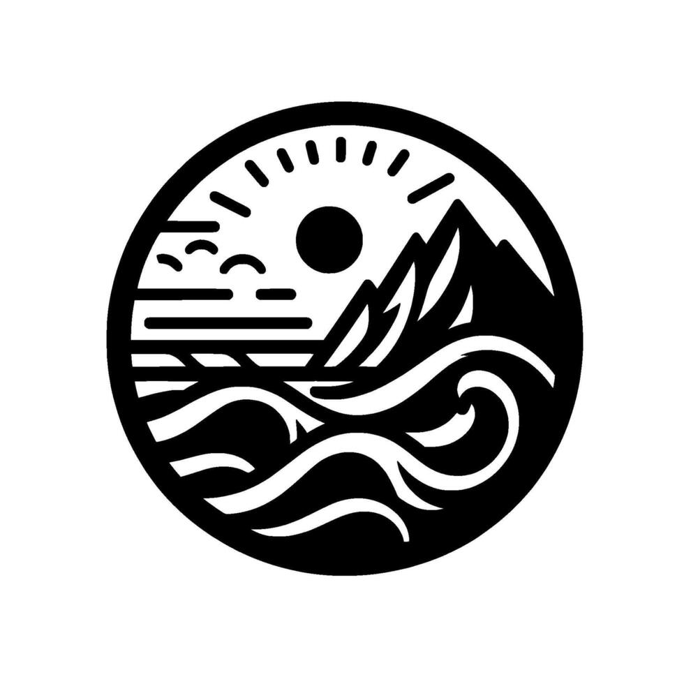 Monochromatic Circular Landscape Sun, Mountains, Waves, and Sky in a Bold, Minimalist Illustration. vector