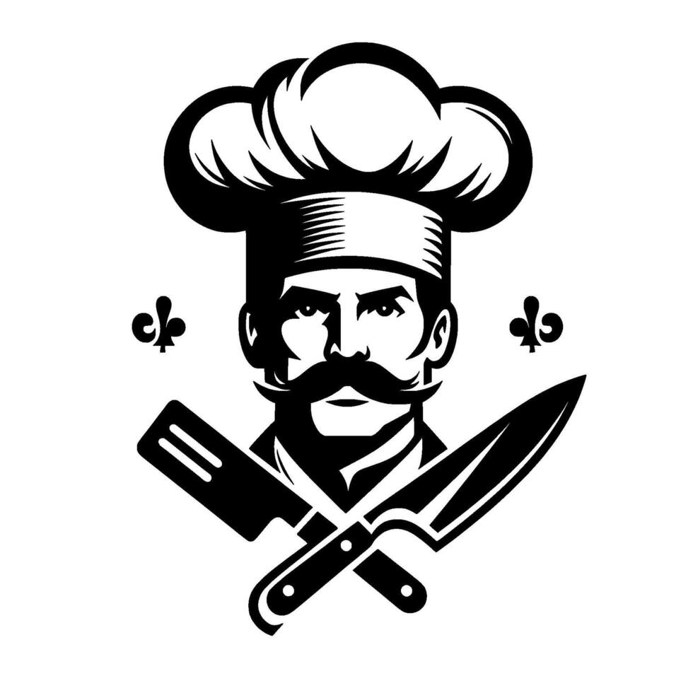 Stylized Monochrome Chef with Large Mustache, Crossed Knife and Cleaver, Set Against White Background, French FleurdeLis vector