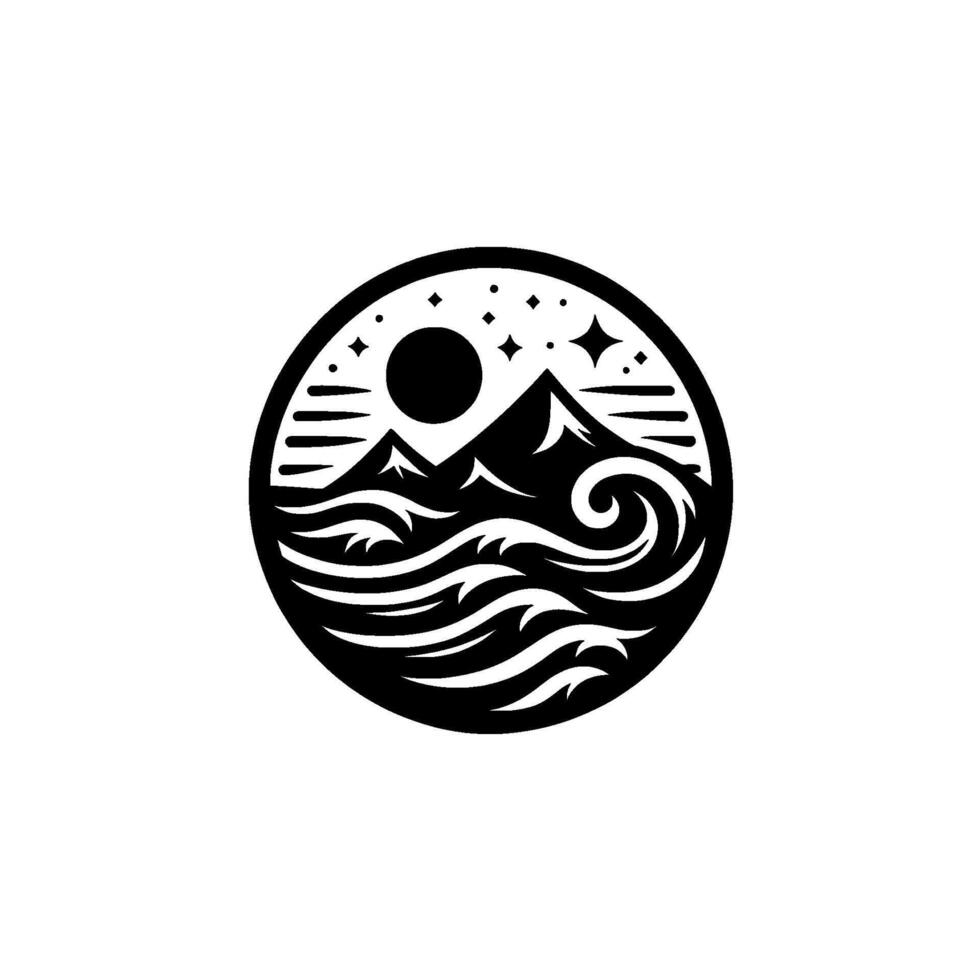 Black and White Circle Emblem Mountain Peaks, Moon, Stars, and Ocean Waves with a clean, minimalist aesthetic. vector